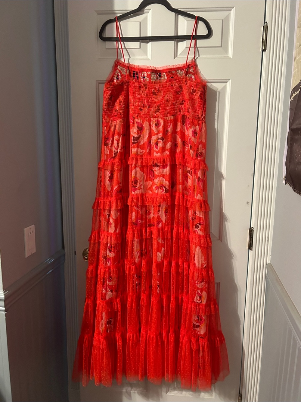Anthropologie Coral-Red Floral Mesh Tiered Dress - Picture 6 of 11